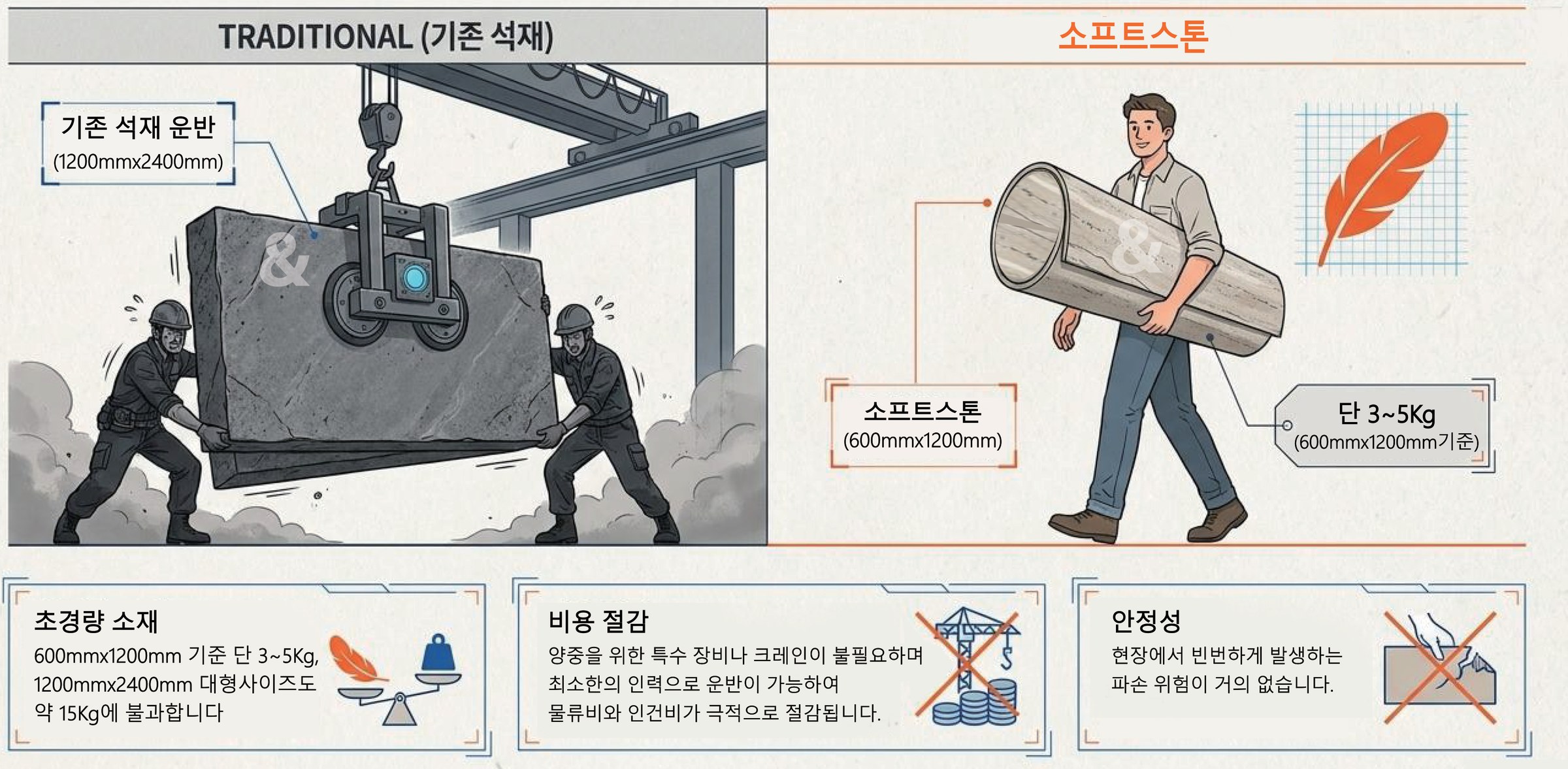 압도적인 가벼움 — 기존 석재는 크레인 운반, 소프트스톤은 한 사람이 말아서 운반(600×1200mm 기준 단 3~5kg). 초경량 소재·비용 절감·안정성